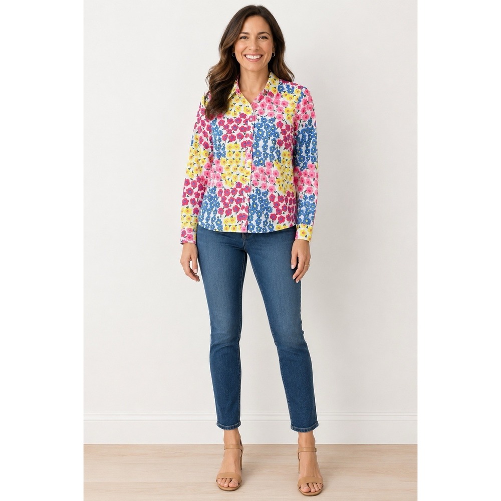 Talbots Petite Medium Floral Button Front Shirt Colorful Cotton Blouse Women PM